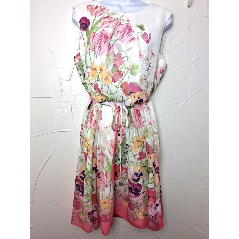 Spring Summer Tulip Floral Print‎ Chiffon Dress Size 16 Garden Girl Cottage Core